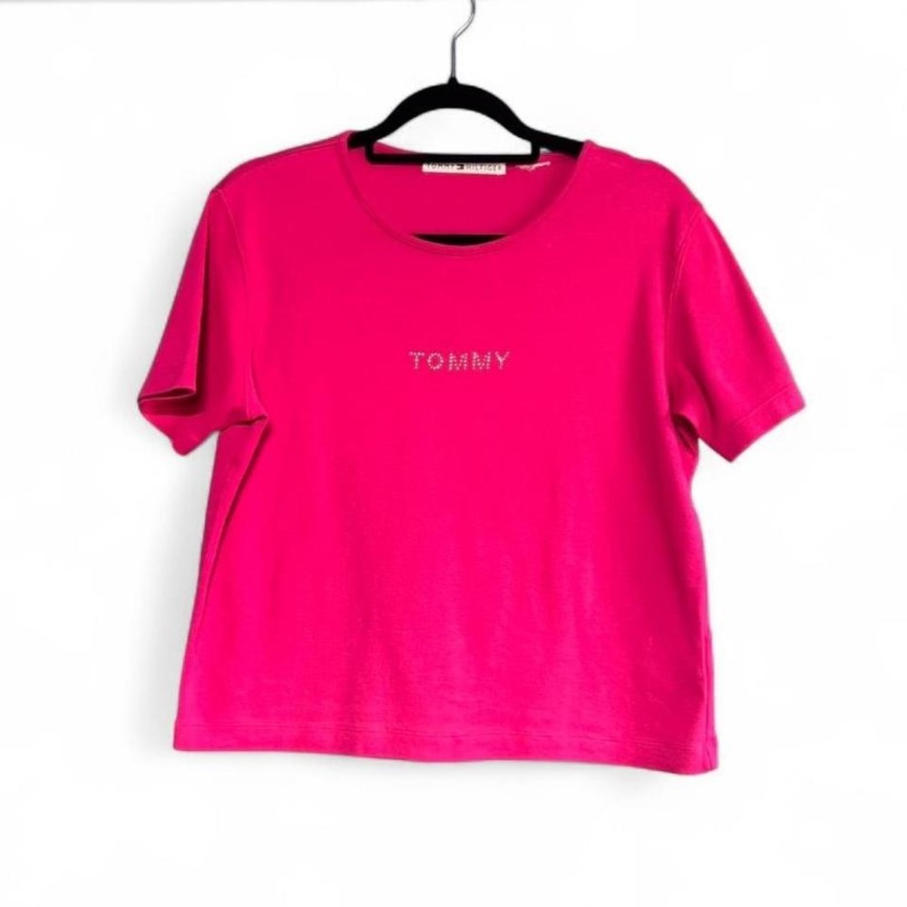 Y2K Tommy Hilfiger Baby Tee Women's‎ Size XL Pink Rhinestone T Shirt 2000 Cotton